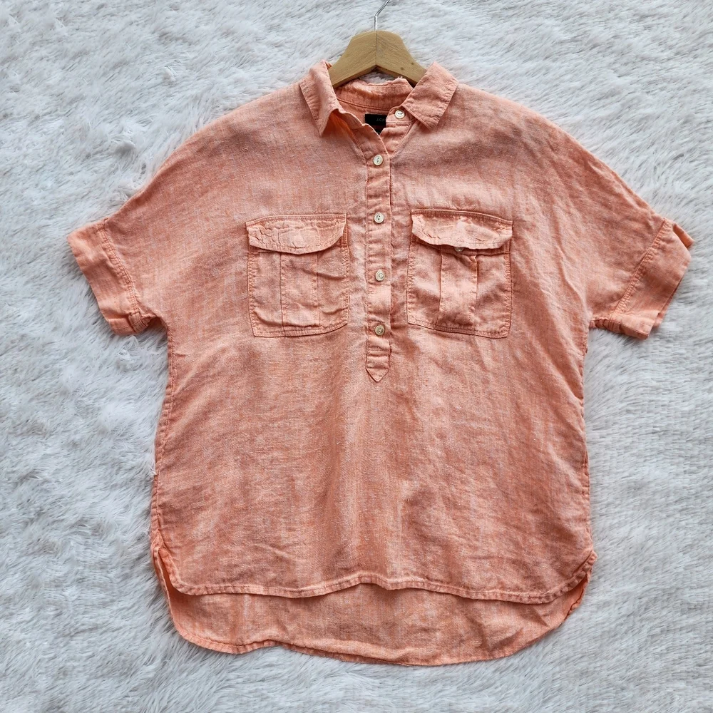 J. Crew Baird McNutt Coral Irish‎ Linen Popover Blouse